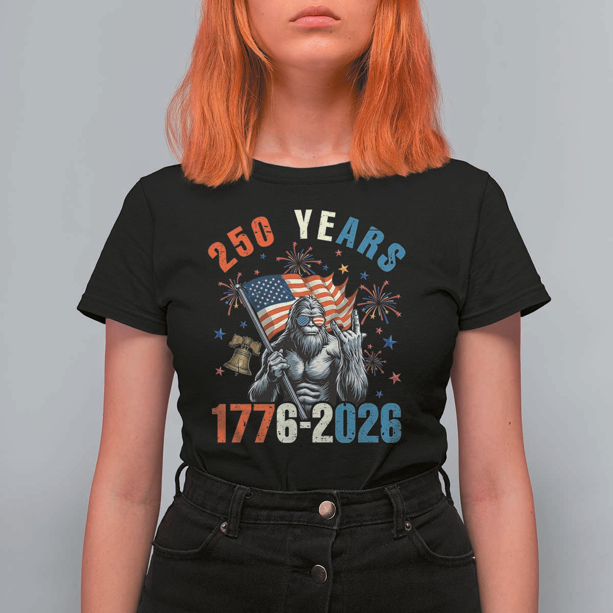 250th Anniversary USA T Shirt For Women Bigfoot American Flag Patriotic 4th of July