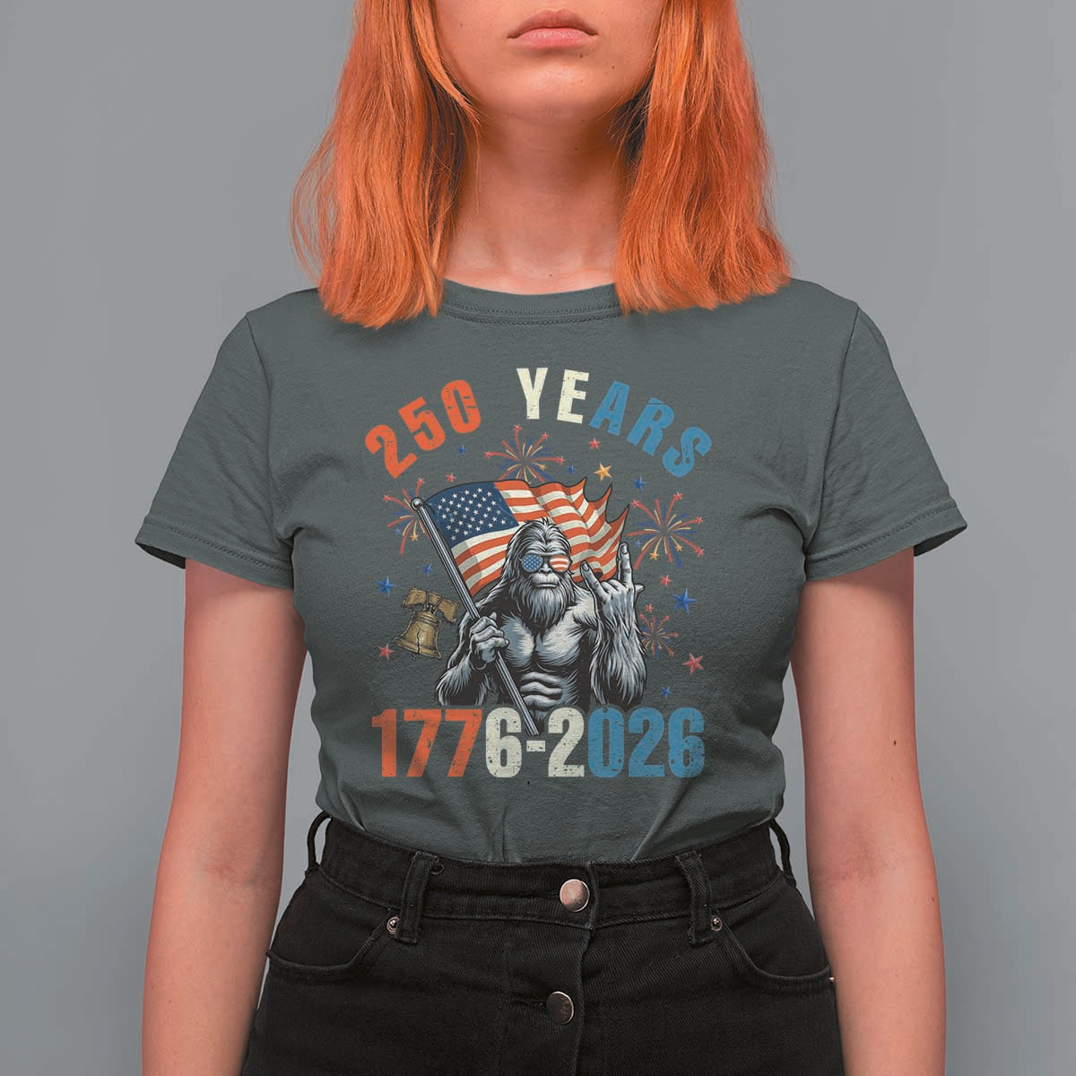 250th Anniversary USA T Shirt For Women Bigfoot American Flag Patriotic 4th of July