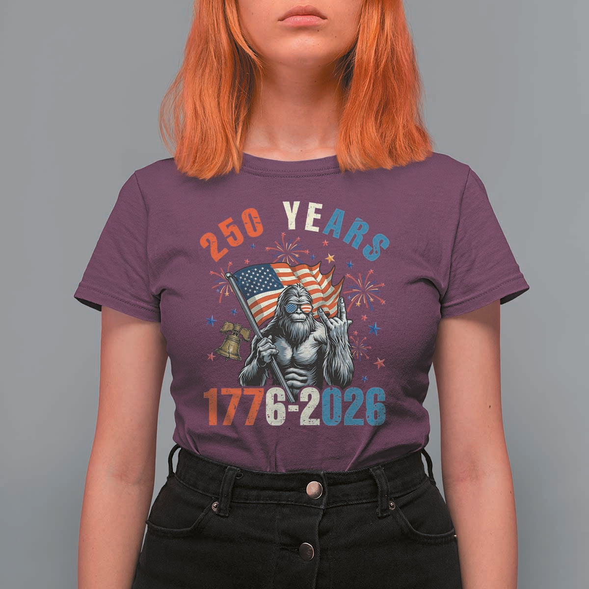 250th Anniversary USA T Shirt For Women Bigfoot American Flag Patriotic 4th of July