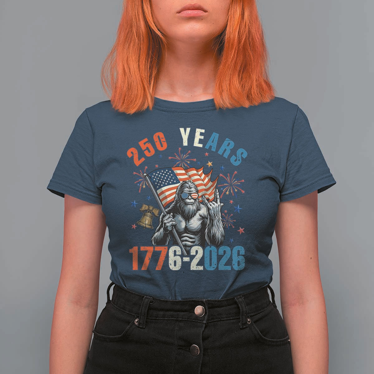 250th Anniversary USA T Shirt For Women Bigfoot American Flag Patriotic 4th of July