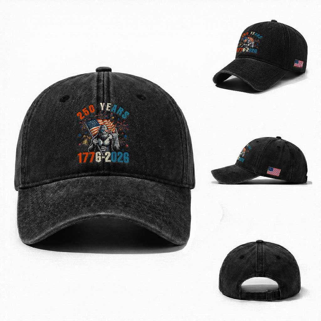 250th Anniversary USA Washed Cotton Baseball Cap Bigfoot American Flag Patriotic 4th of July