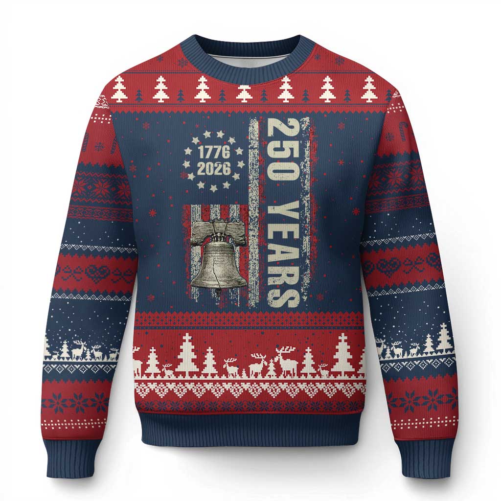 250th Anniversary USA Ugly Christmas Sweater Patriotic Liberty Bell 1776 2026 American Flag