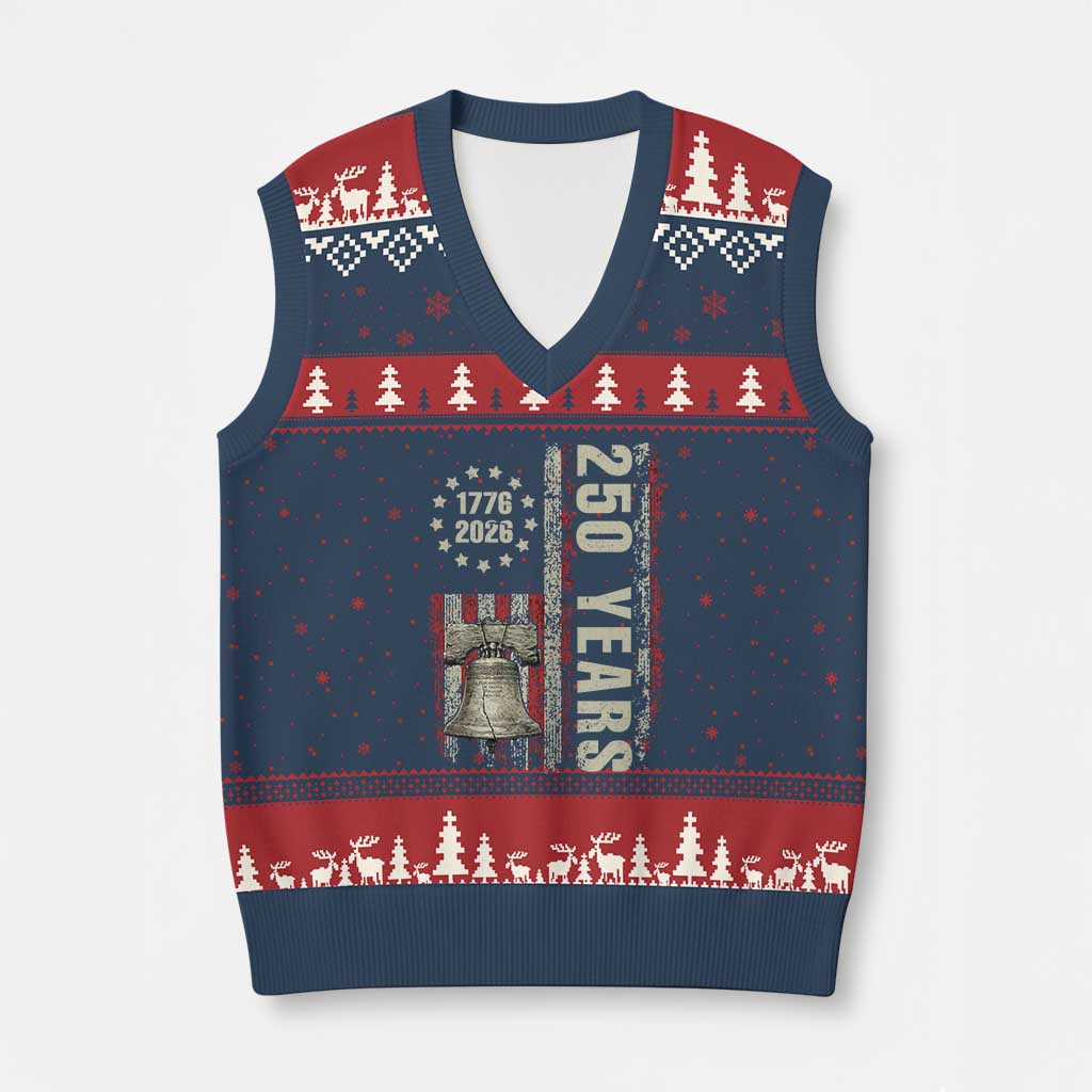250th Anniversary USA V-Neck Knit Sweater Vest Patriotic Liberty Bell 1776 2026 American Flag