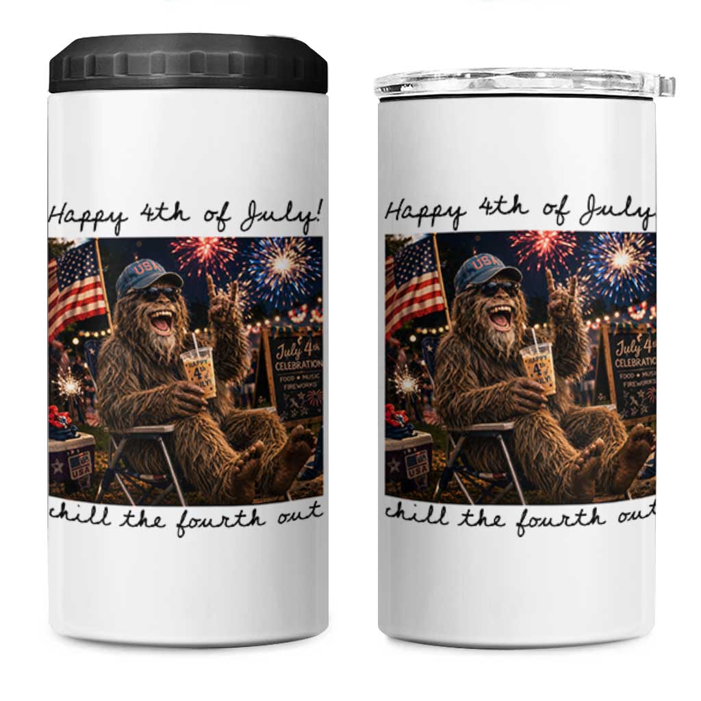 Funny Bigfoot 4th of July 4 in 1 Can Cooler Tumbler Patriotic Sasquatch American Flag Party Festival