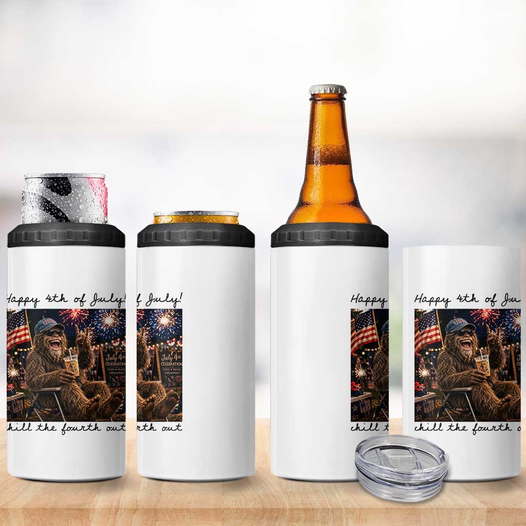 Funny Bigfoot 4th of July 4 in 1 Can Cooler Tumbler Patriotic Sasquatch American Flag Party Festival