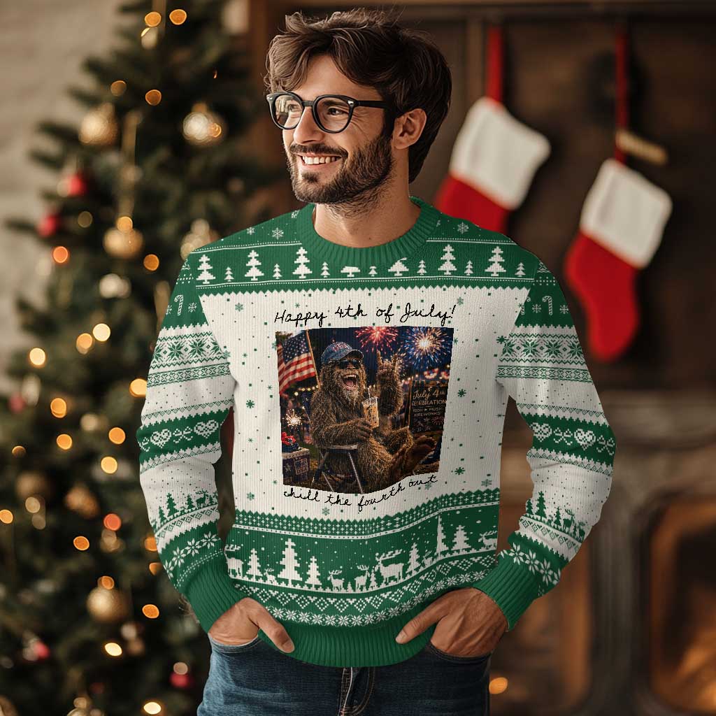 Funny Bigfoot 4th of July Ugly Christmas Sweater Patriotic Sasquatch American Flag Party Festival