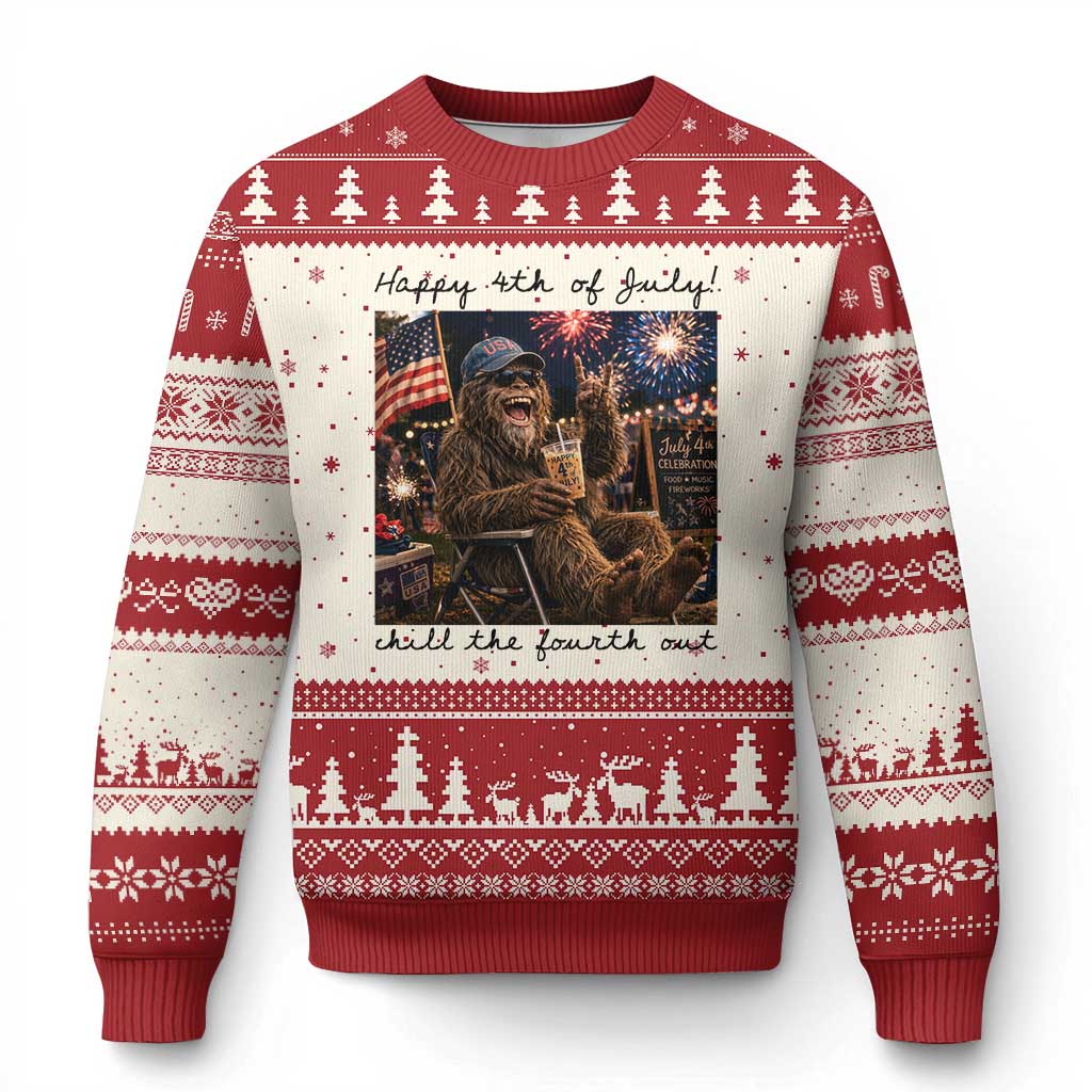 Funny Bigfoot 4th of July Ugly Christmas Sweater Patriotic Sasquatch American Flag Party Festival