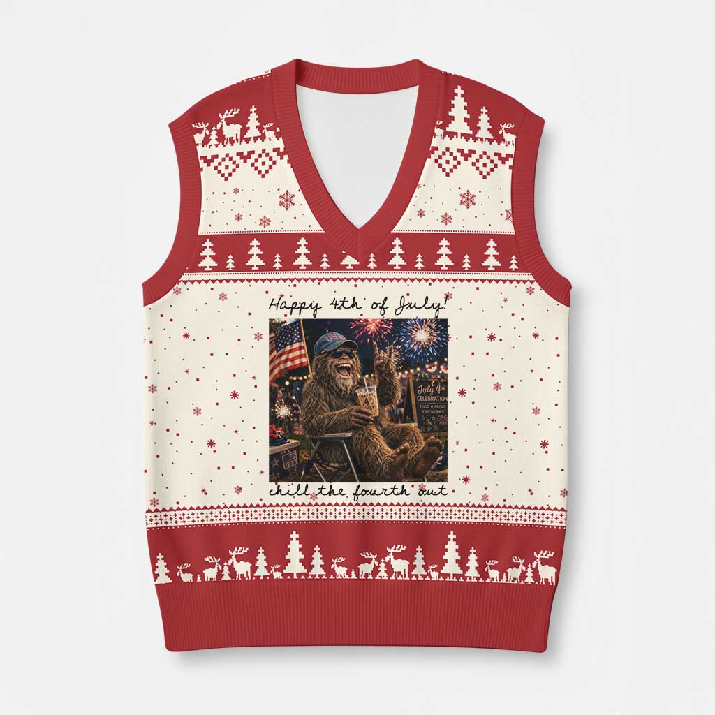 Funny Bigfoot 4th of July V-Neck Knit Sweater Vest Patriotic Sasquatch American Flag Party Festival