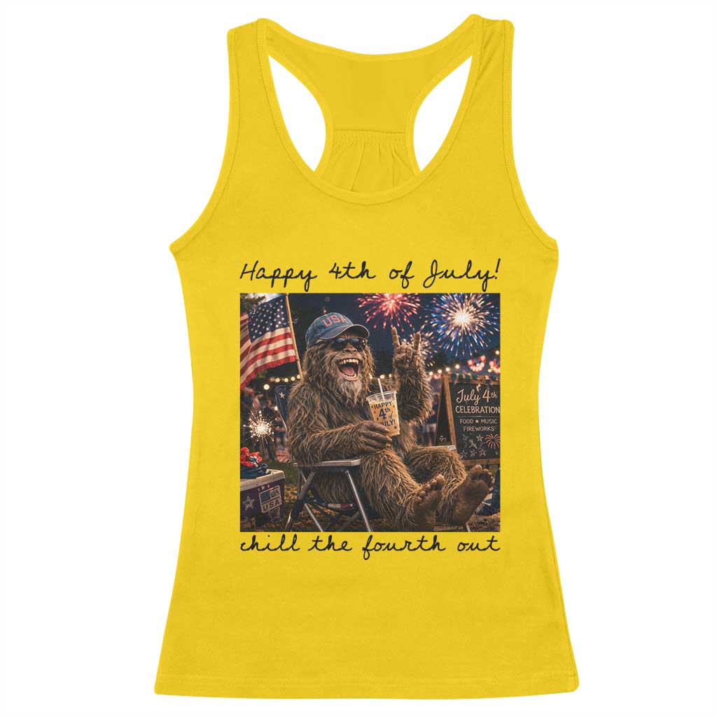 Funny Bigfoot 4th of July Racerback Tank Top Patriotic Sasquatch American Flag Party Festival