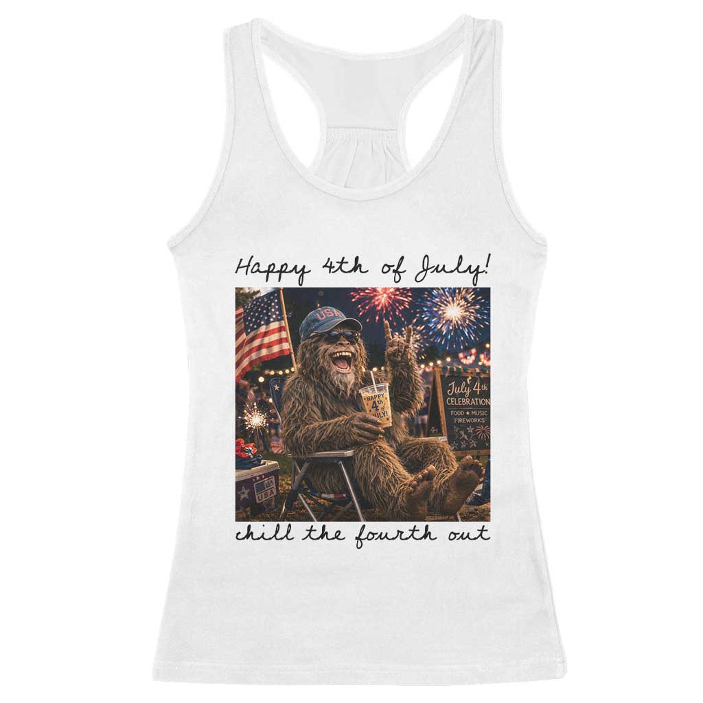 Funny Bigfoot 4th of July Racerback Tank Top Patriotic Sasquatch American Flag Party Festival