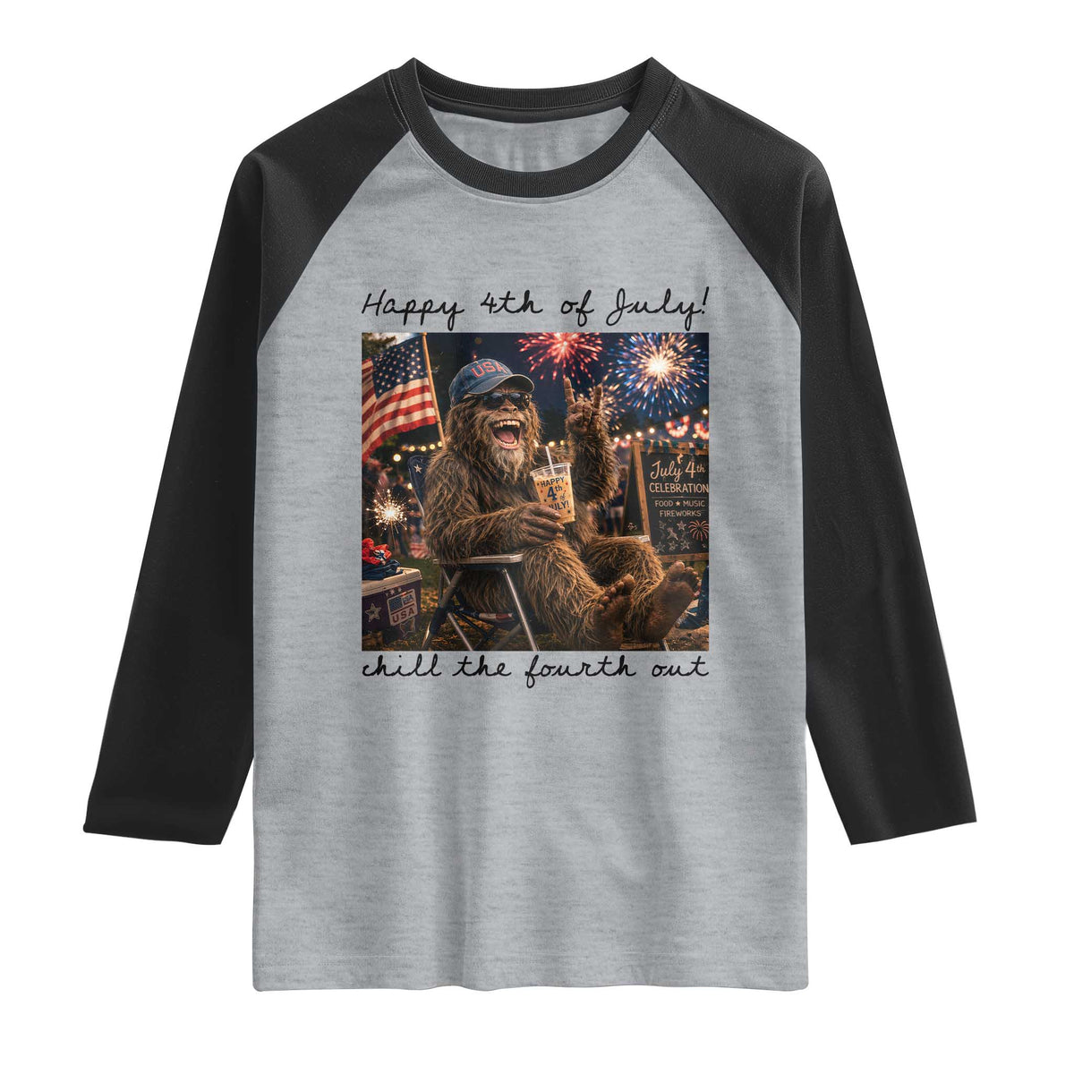 Funny Bigfoot 4th of July Raglan Shirt Patriotic Sasquatch American Flag Party Festival