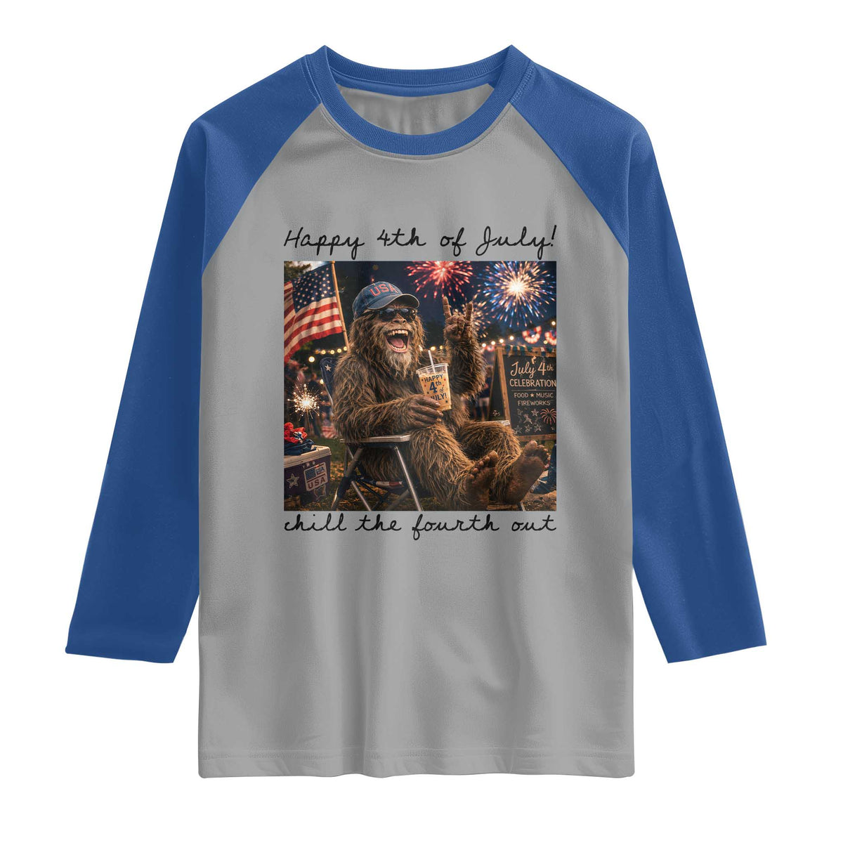 Funny Bigfoot 4th of July Raglan Shirt Patriotic Sasquatch American Flag Party Festival