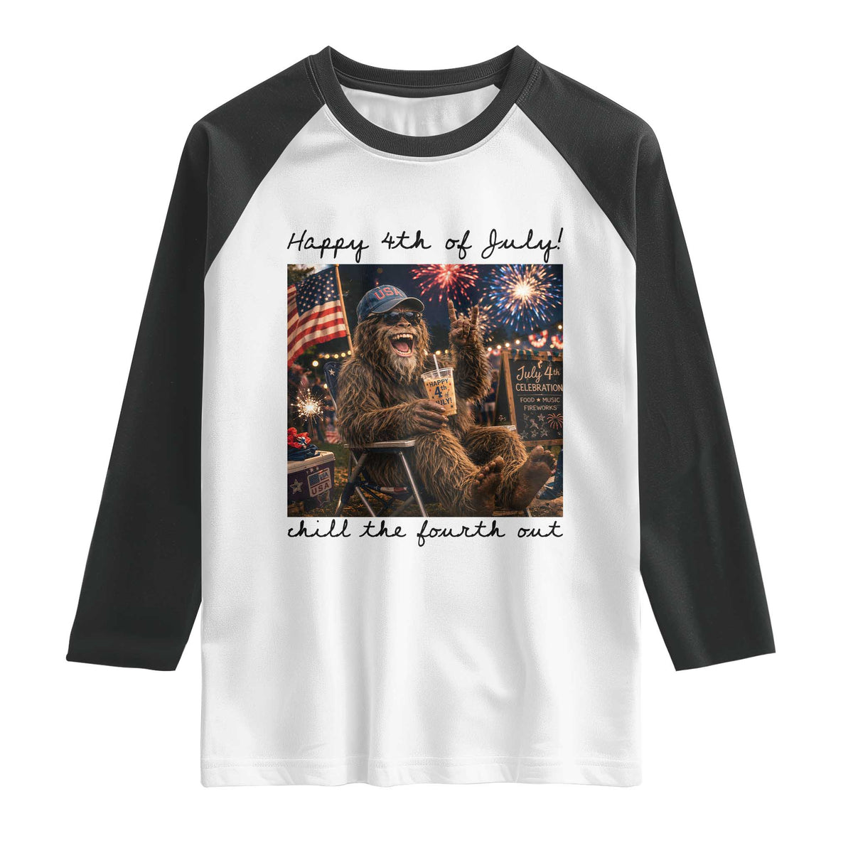 Funny Bigfoot 4th of July Raglan Shirt Patriotic Sasquatch American Flag Party Festival