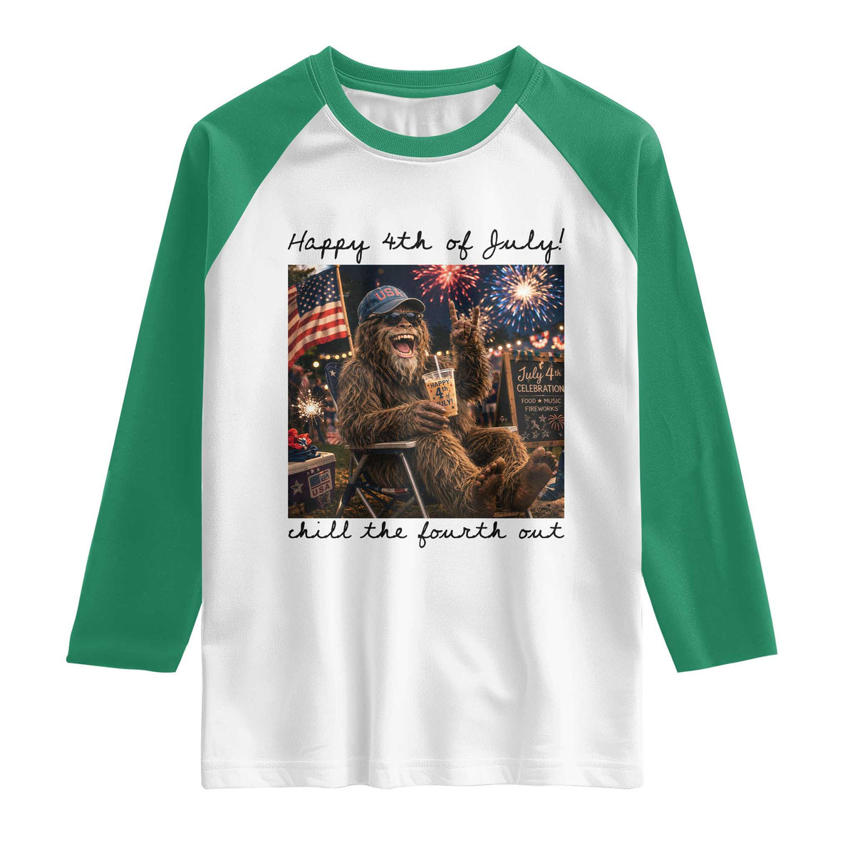 Funny Bigfoot 4th of July Raglan Shirt Patriotic Sasquatch American Flag Party Festival