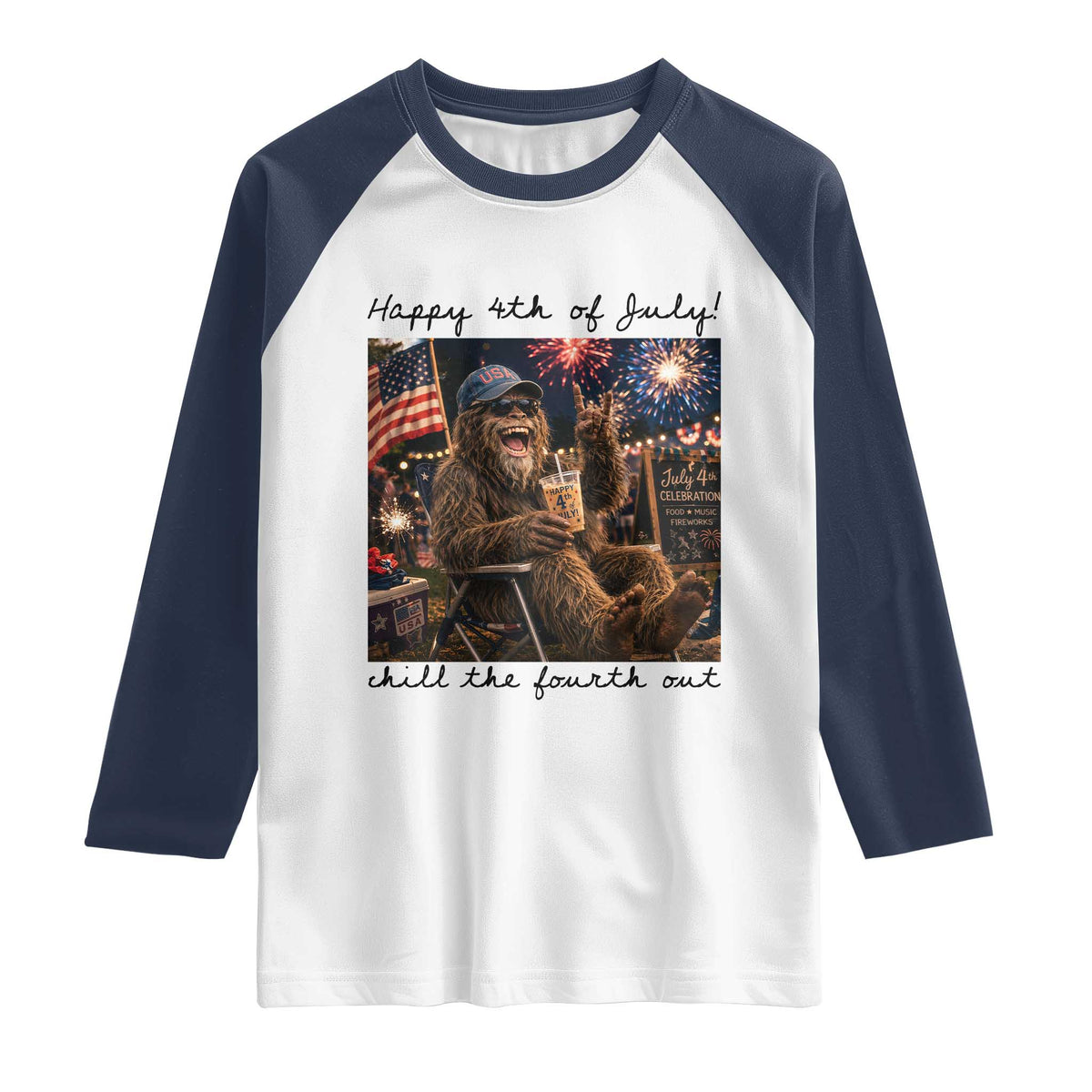 Funny Bigfoot 4th of July Raglan Shirt Patriotic Sasquatch American Flag Party Festival