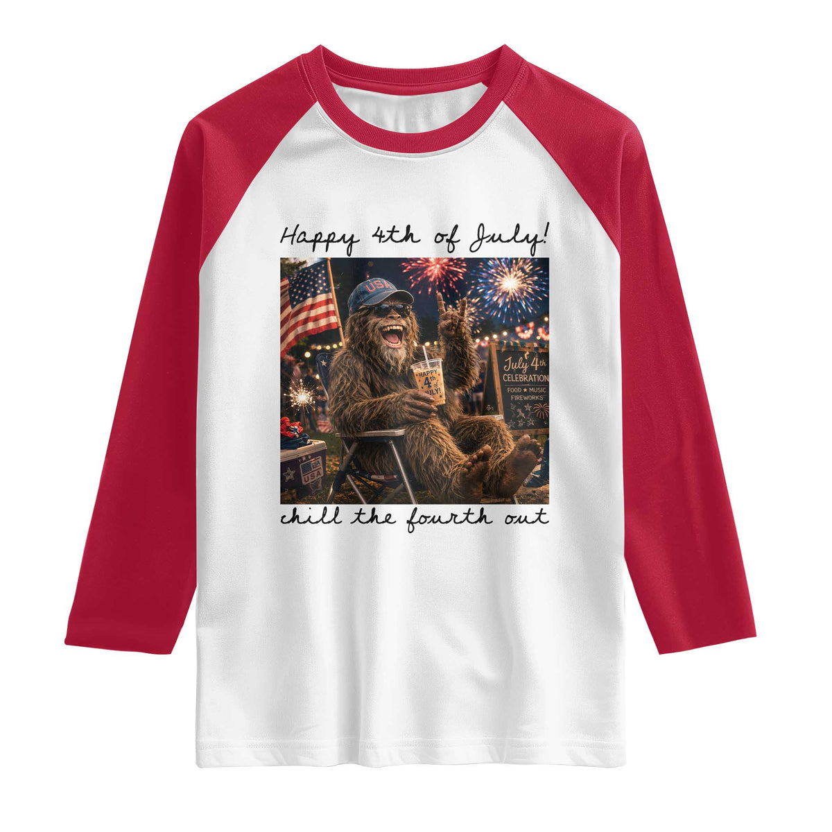 Funny Bigfoot 4th of July Raglan Shirt Patriotic Sasquatch American Flag Party Festival
