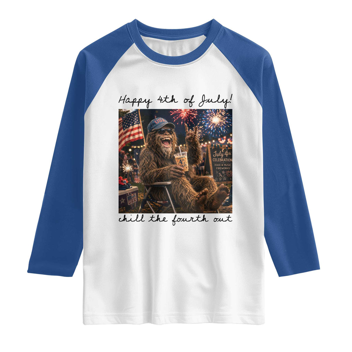 Funny Bigfoot 4th of July Raglan Shirt Patriotic Sasquatch American Flag Party Festival