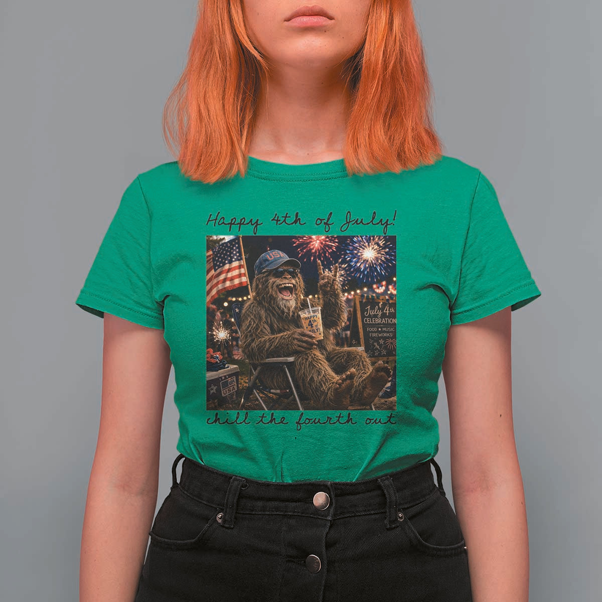 Funny Bigfoot 4th of July T Shirt For Women Patriotic Sasquatch American Flag Party Festival