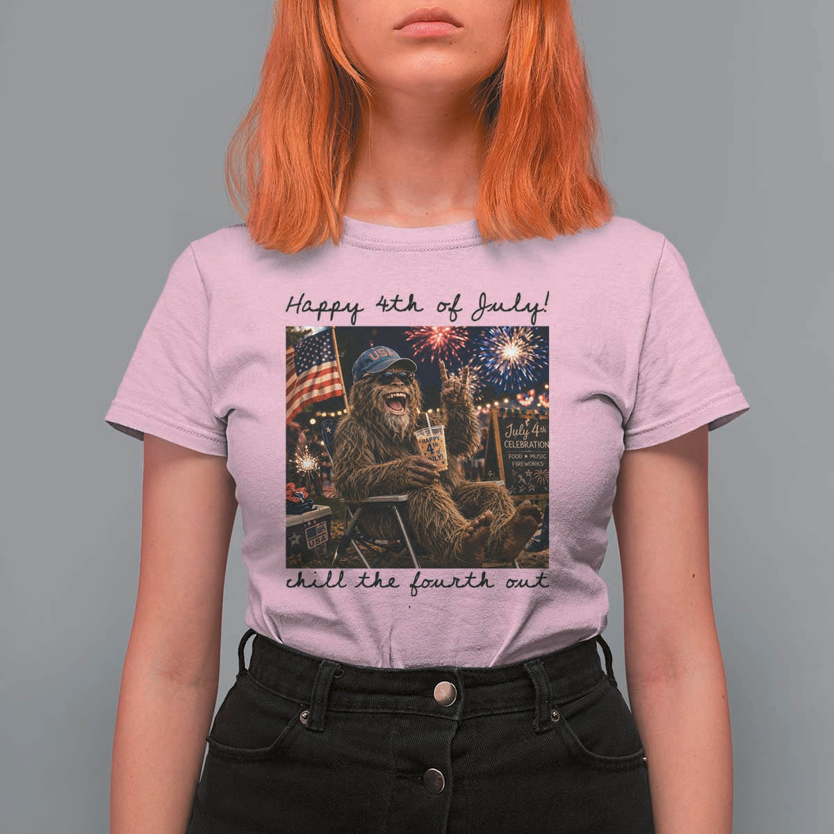 Funny Bigfoot 4th of July T Shirt For Women Patriotic Sasquatch American Flag Party Festival