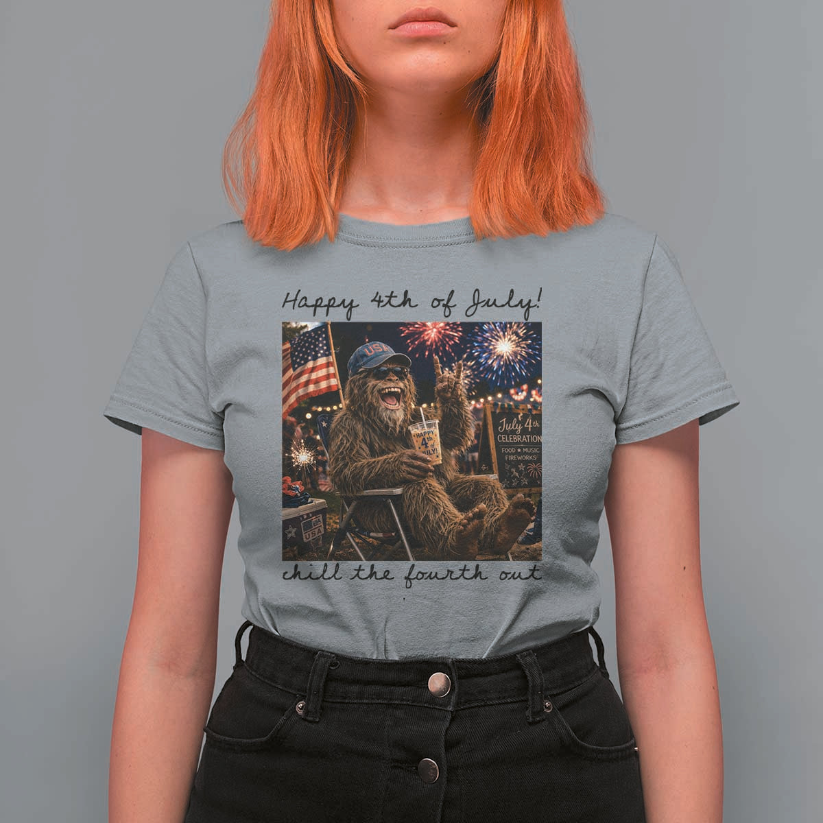 Funny Bigfoot 4th of July T Shirt For Women Patriotic Sasquatch American Flag Party Festival