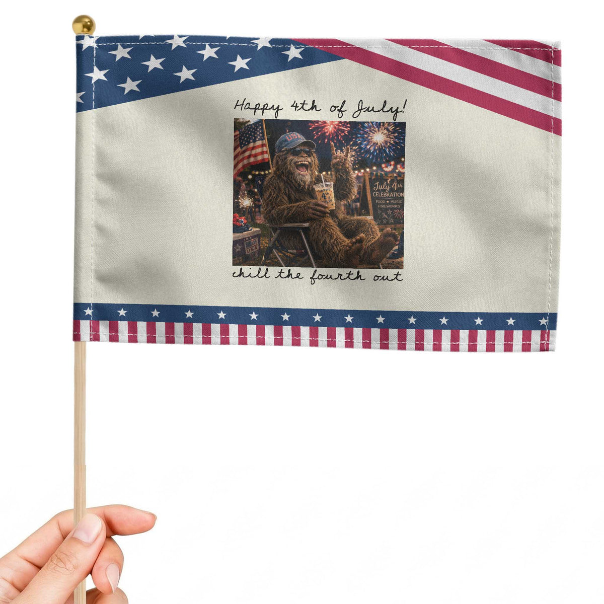 Funny Bigfoot 4th of July Patriotic Handheld Flag Patriotic Sasquatch American Flag Party Festival