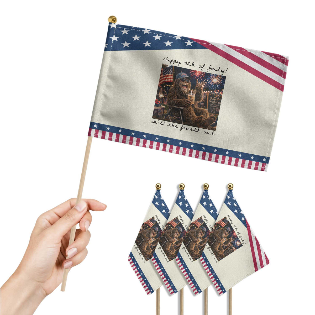 Funny Bigfoot 4th of July Patriotic Handheld Flag Patriotic Sasquatch American Flag Party Festival