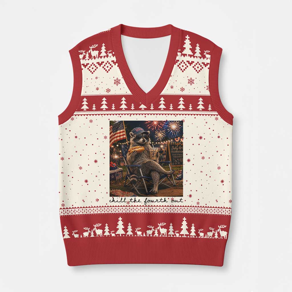 4th of July Raccoon V-Neck Knit Sweater Vest Chill The Fourth Out