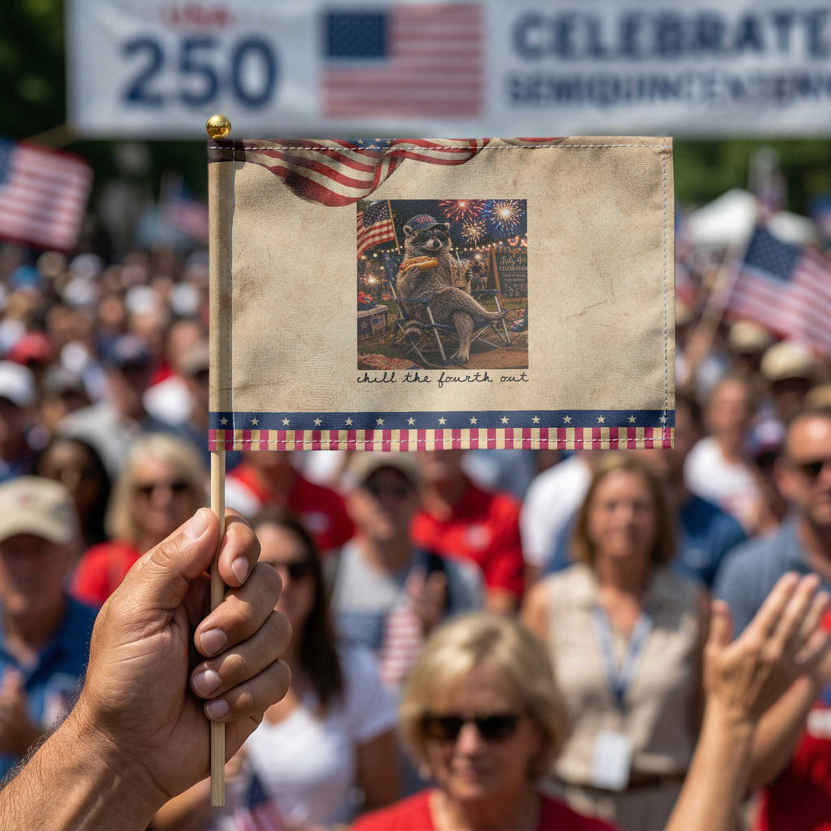 4th of July Raccoon Patriotic Handheld Flag Chill The Fourth Out