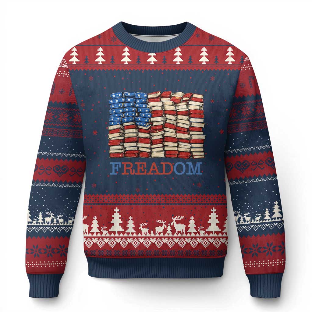 Freedom to Read Books Freadom Ugly Christmas Sweater USA Flag Patriotic Library Book Lover