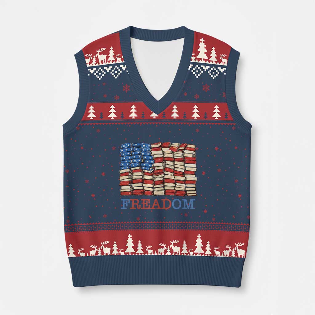 Freedom to Read Books Freadom V-Neck Knit Sweater Vest USA Flag Patriotic Library Book Lover