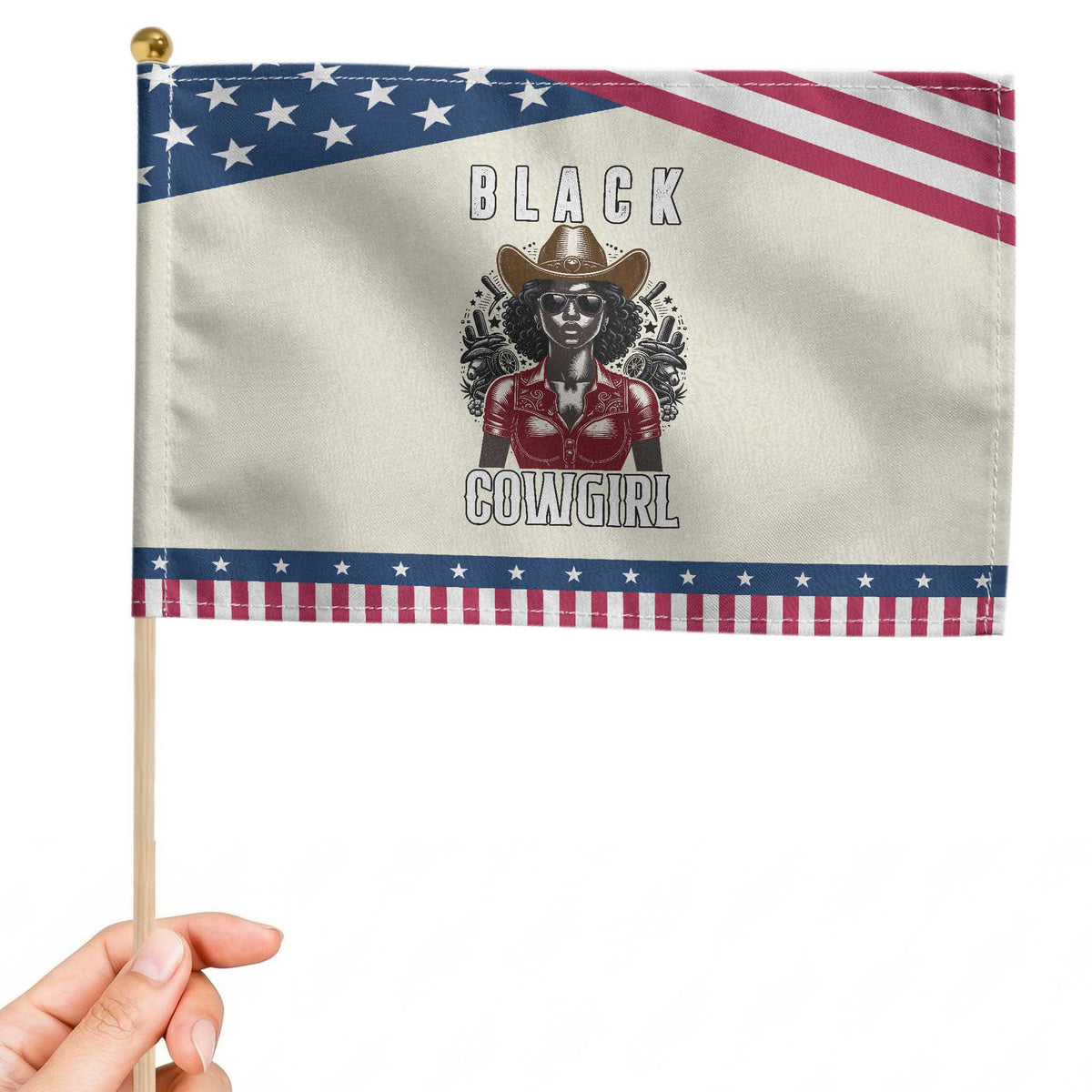 Black Cowgirl Rodeo Patriotic Handheld Flag African American Western Country Texas