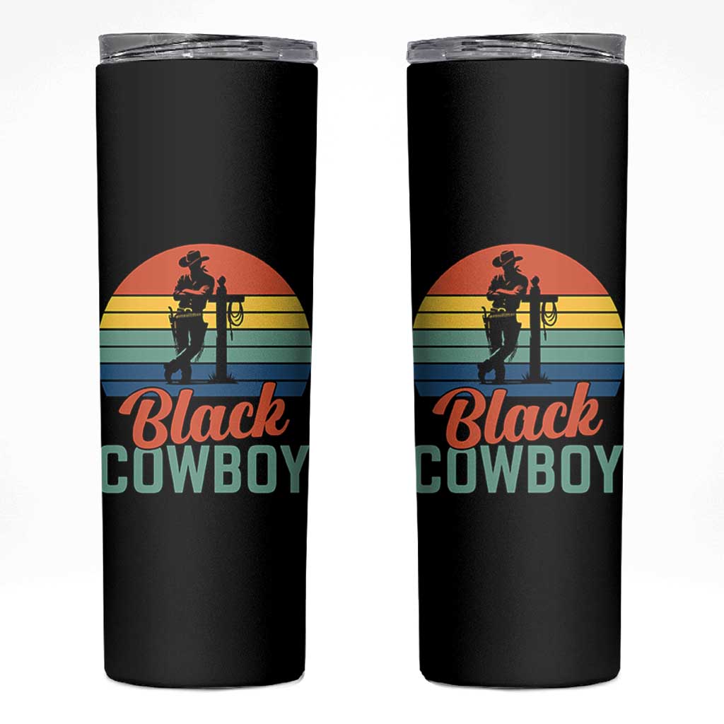 Black Cowboy Sunset Skinny Tumbler Western Rodeo Cross