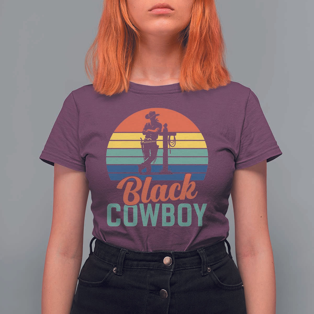 Black Cowboy Sunset T Shirt For Women Western Rodeo Cross - Wonder Print Shop