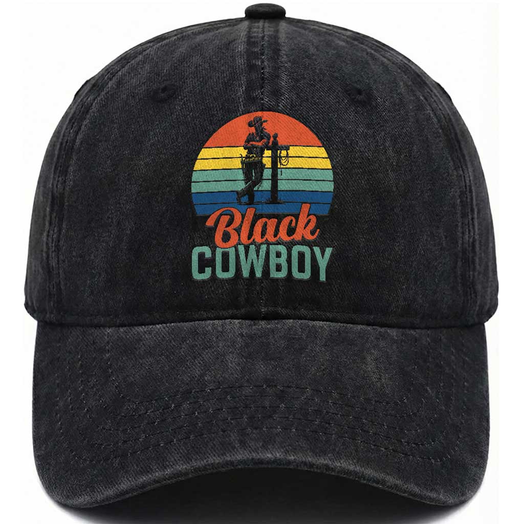 Black Cowboy Sunset Washed Cotton Baseball Cap Western Rodeo Cross
