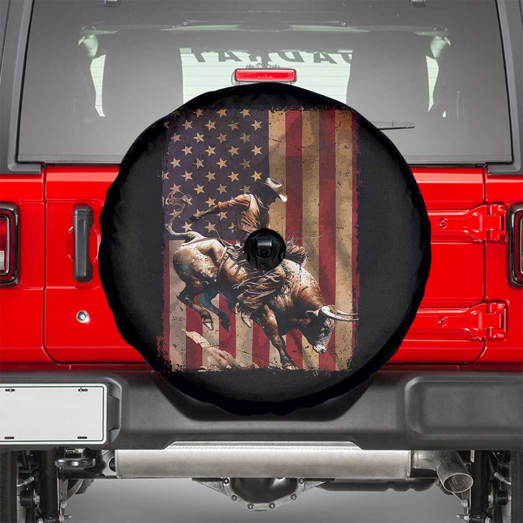 Black Cowboy Bull Rider Spare Tire Cover Western Rodeo Patriotic American Flag - Wonder Print Shop