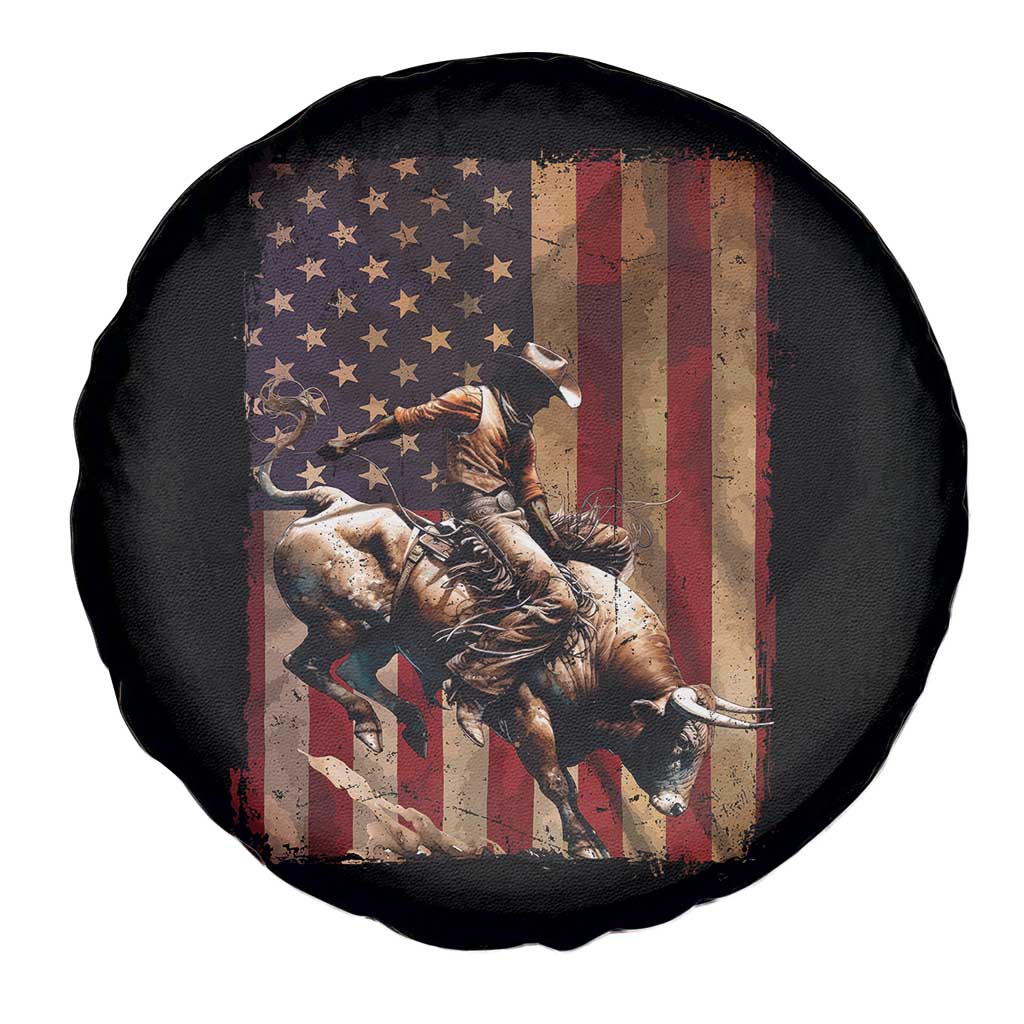 Black Cowboy Bull Rider Spare Tire Cover Western Rodeo Patriotic American Flag - Wonder Print Shop