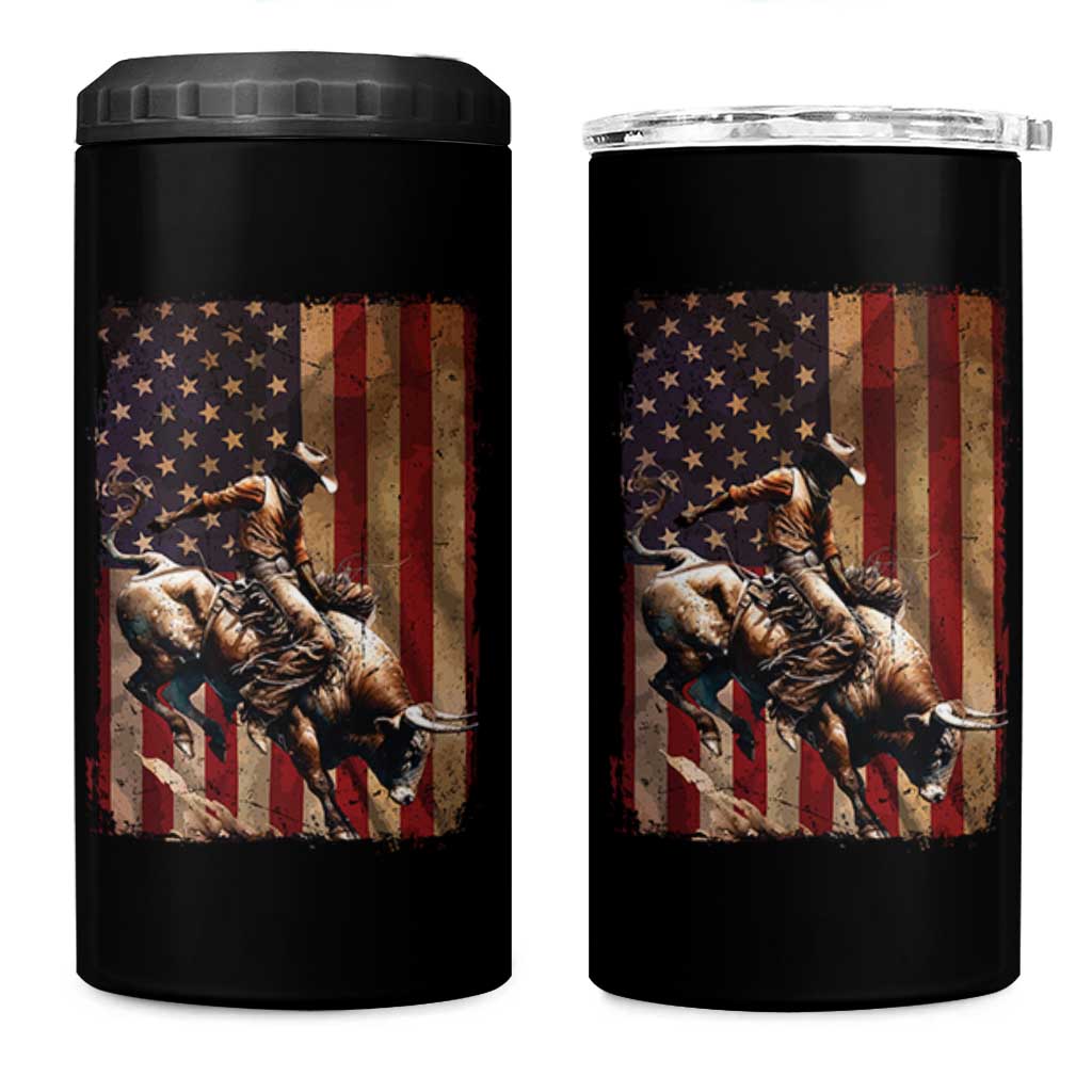 Black Cowboy Bull Rider 4 in 1 Can Cooler Tumbler Western Rodeo Patriotic American Flag