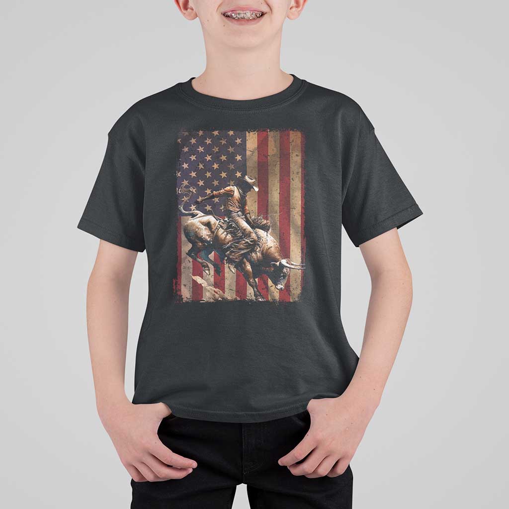 Black Cowboy Bull Rider T Shirt For Kid Western Rodeo Patriotic American Flag - Wonder Print Shop