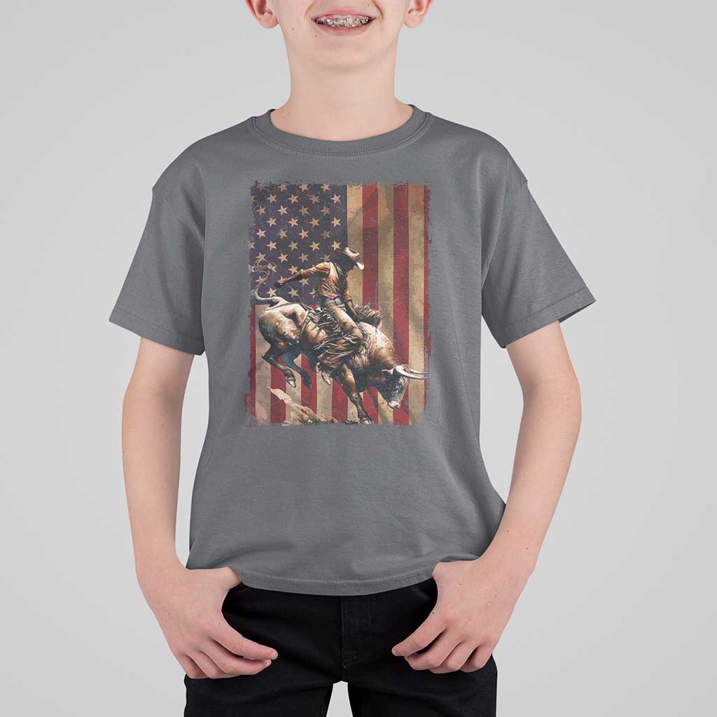 Black Cowboy Bull Rider T Shirt For Kid Western Rodeo Patriotic American Flag - Wonder Print Shop