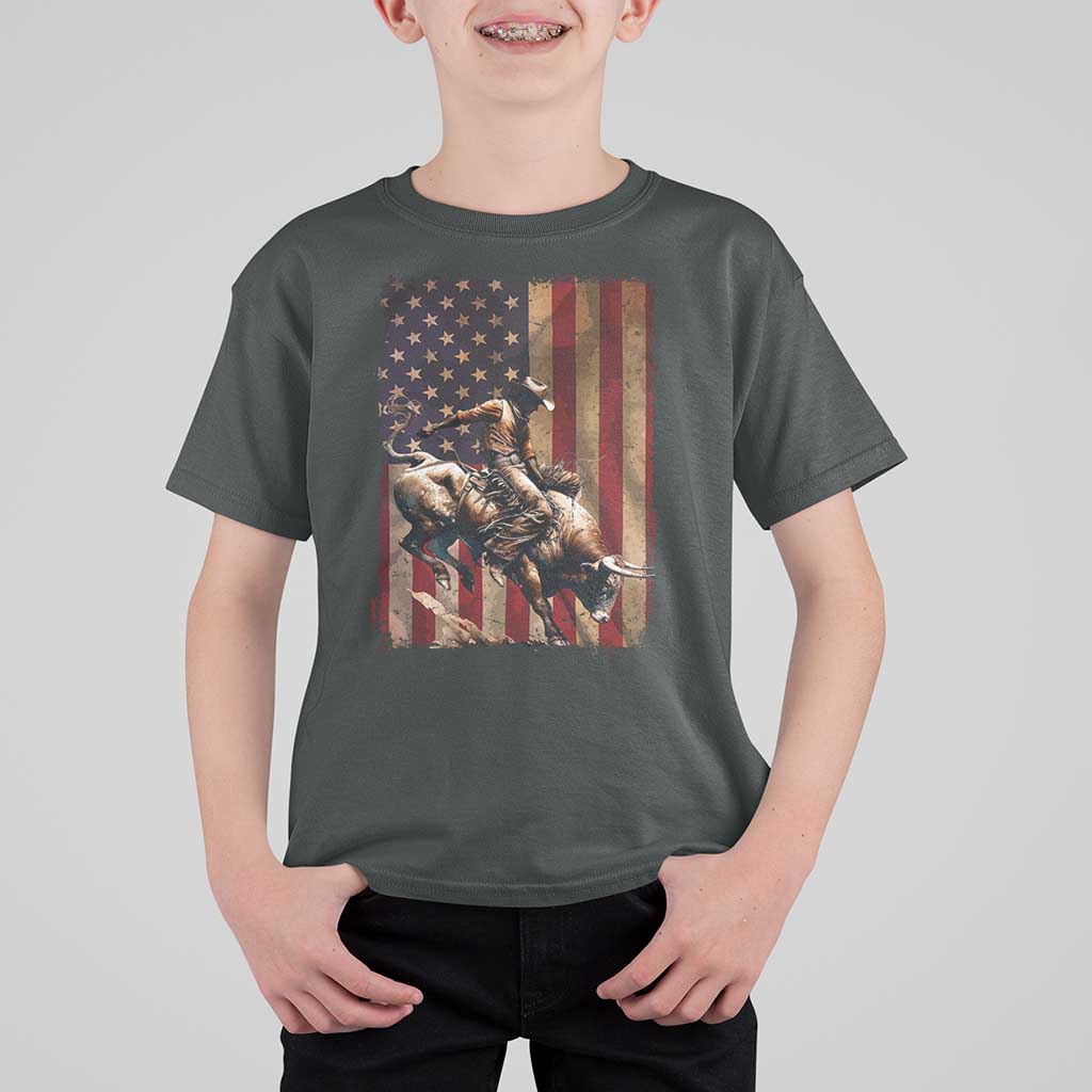 Black Cowboy Bull Rider T Shirt For Kid Western Rodeo Patriotic American Flag - Wonder Print Shop
