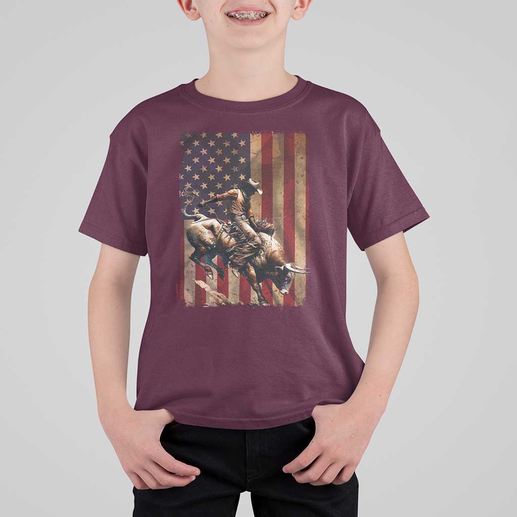 Black Cowboy Bull Rider T Shirt For Kid Western Rodeo Patriotic American Flag - Wonder Print Shop