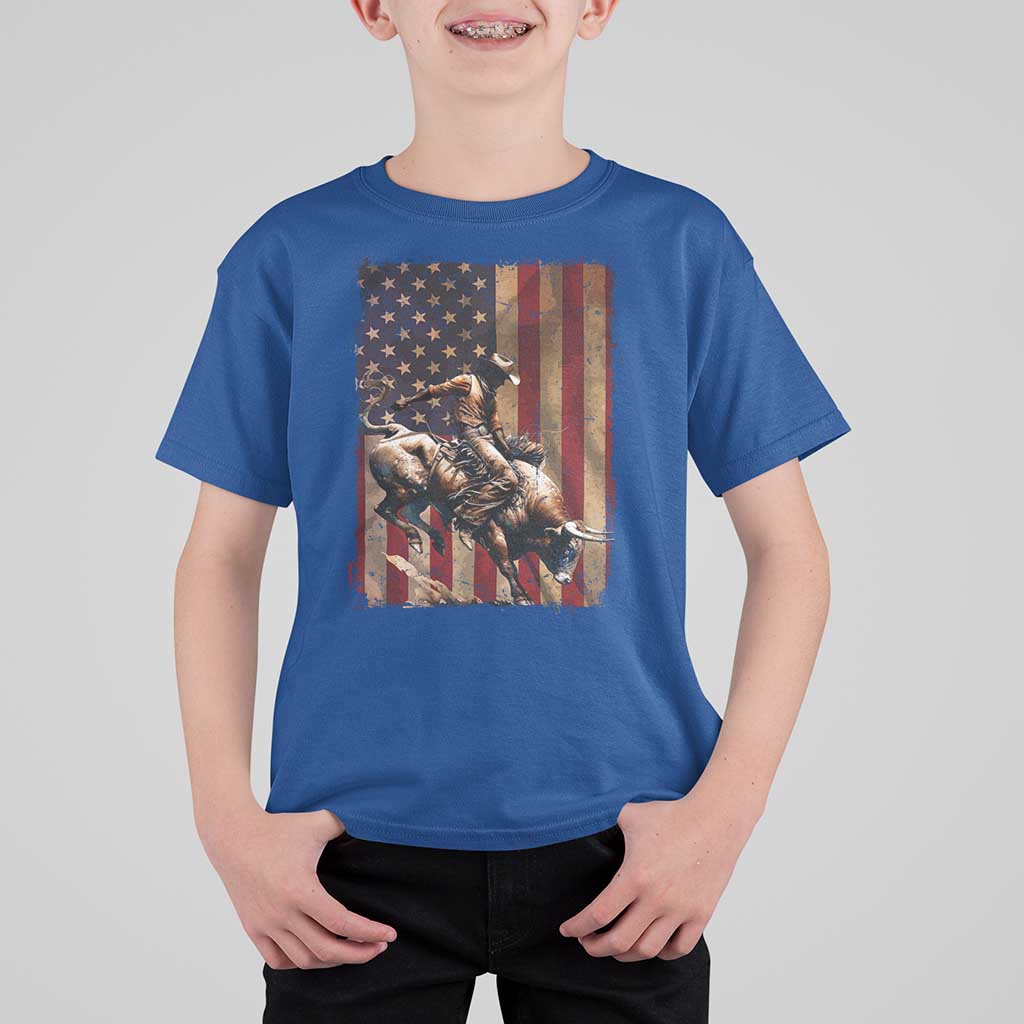 Black Cowboy Bull Rider T Shirt For Kid Western Rodeo Patriotic American Flag - Wonder Print Shop