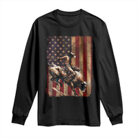 Black Cowboy Bull Rider Long Sleeve Shirt Western Rodeo Patriotic American Flag - Wonder Print Shop