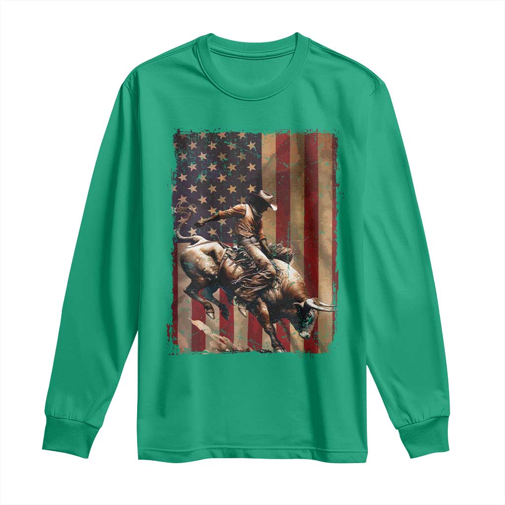 Black Cowboy Bull Rider Long Sleeve Shirt Western Rodeo Patriotic American Flag - Wonder Print Shop