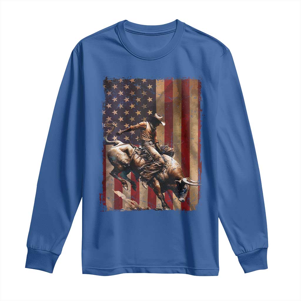Black Cowboy Bull Rider Long Sleeve Shirt Western Rodeo Patriotic American Flag - Wonder Print Shop
