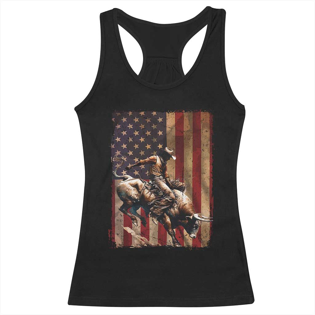 Black Cowboy Bull Rider Racerback Tank Top Western Rodeo Patriotic American Flag - Wonder Print Shop