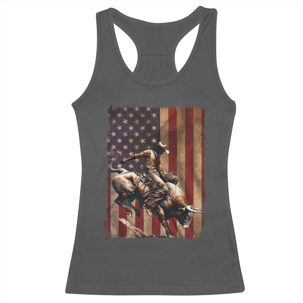 Black Cowboy Bull Rider Racerback Tank Top Western Rodeo Patriotic American Flag - Wonder Print Shop
