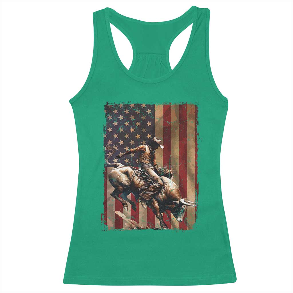Black Cowboy Bull Rider Racerback Tank Top Western Rodeo Patriotic American Flag - Wonder Print Shop