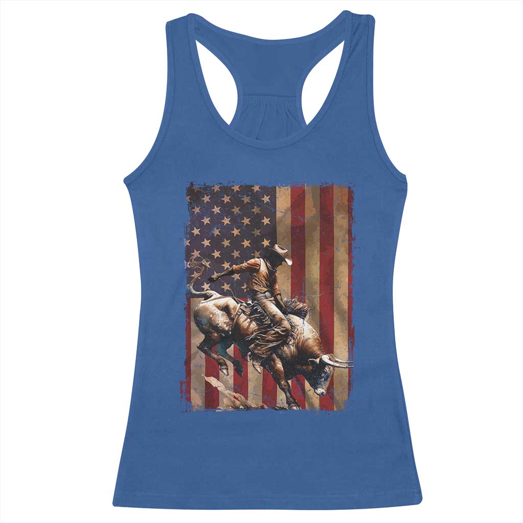 Black Cowboy Bull Rider Racerback Tank Top Western Rodeo Patriotic American Flag - Wonder Print Shop