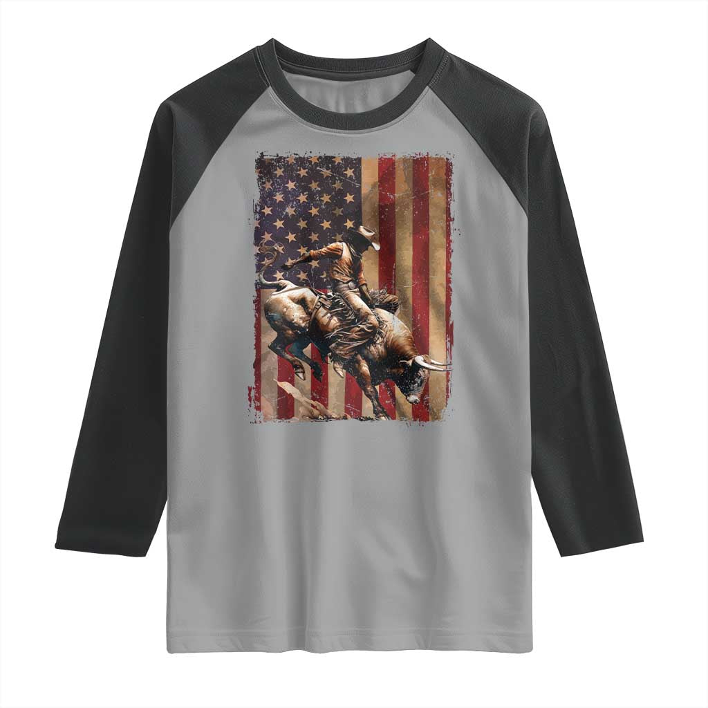 Black Cowboy Bull Rider Raglan Shirt Western Rodeo Patriotic American Flag - Wonder Print Shop
